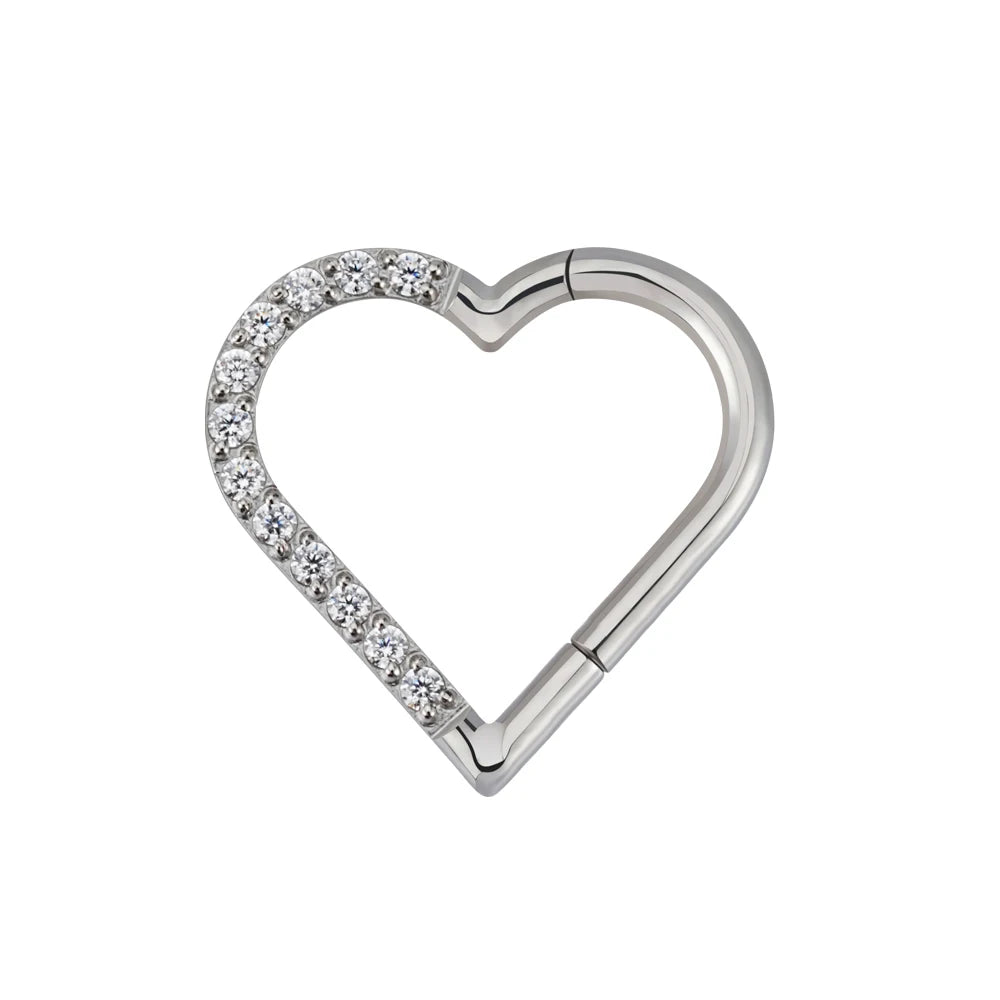 Right Grand ASTM F136 Titanium Daith Heart Hoop Earring – Hinged Segment Ring with Clear CZ for Cartilage, Tragus & Helix Piercing Jewelry