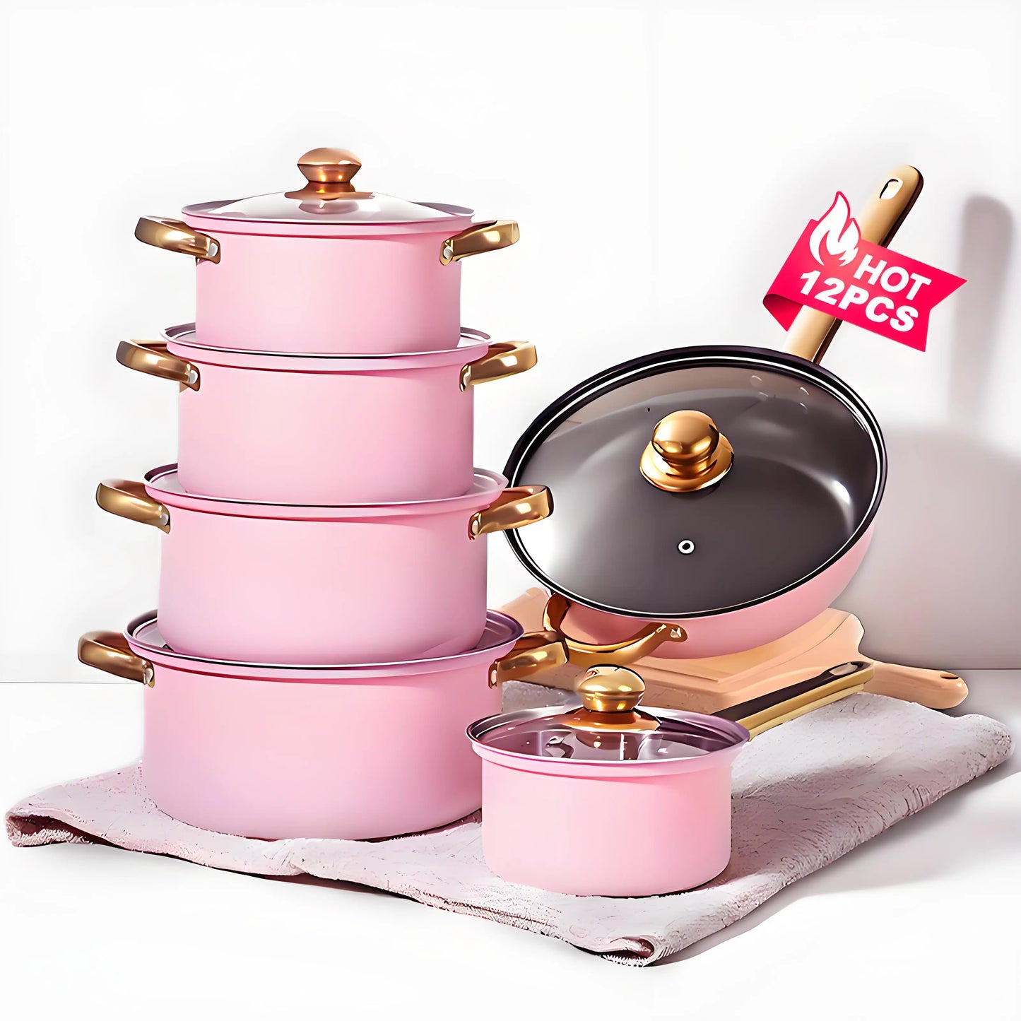 12-Piece Red Cookware Set – Stainless Steel Non-Stick Kitchen Cookware Collection