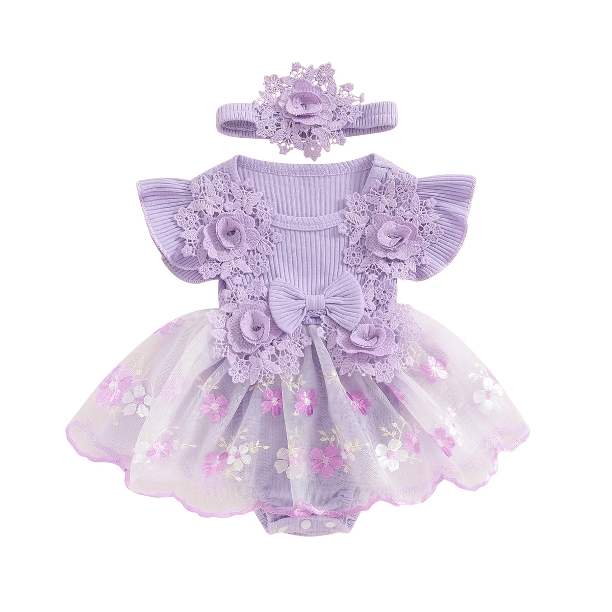 3D Flower Baby Girls’ Romper - Princess Mesh Lace Ruffle Bodysuit Dress with Headband
