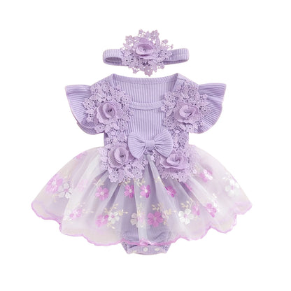 3D Flower Baby Girls’ Romper - Princess Mesh Lace Ruffle Bodysuit Dress with Headband