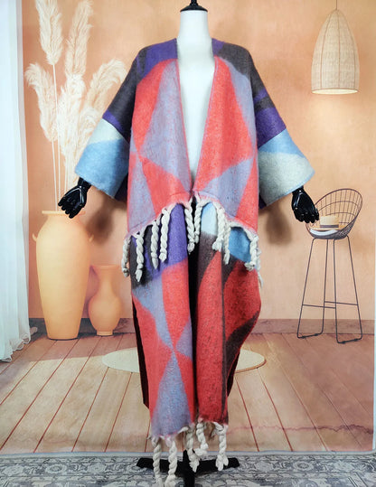 Fashion American Blogger Winter Open Front Cardigan – Oversized Warm Fuzzy Multicolor Wool Duster Coat, Soft and Stylish for Women