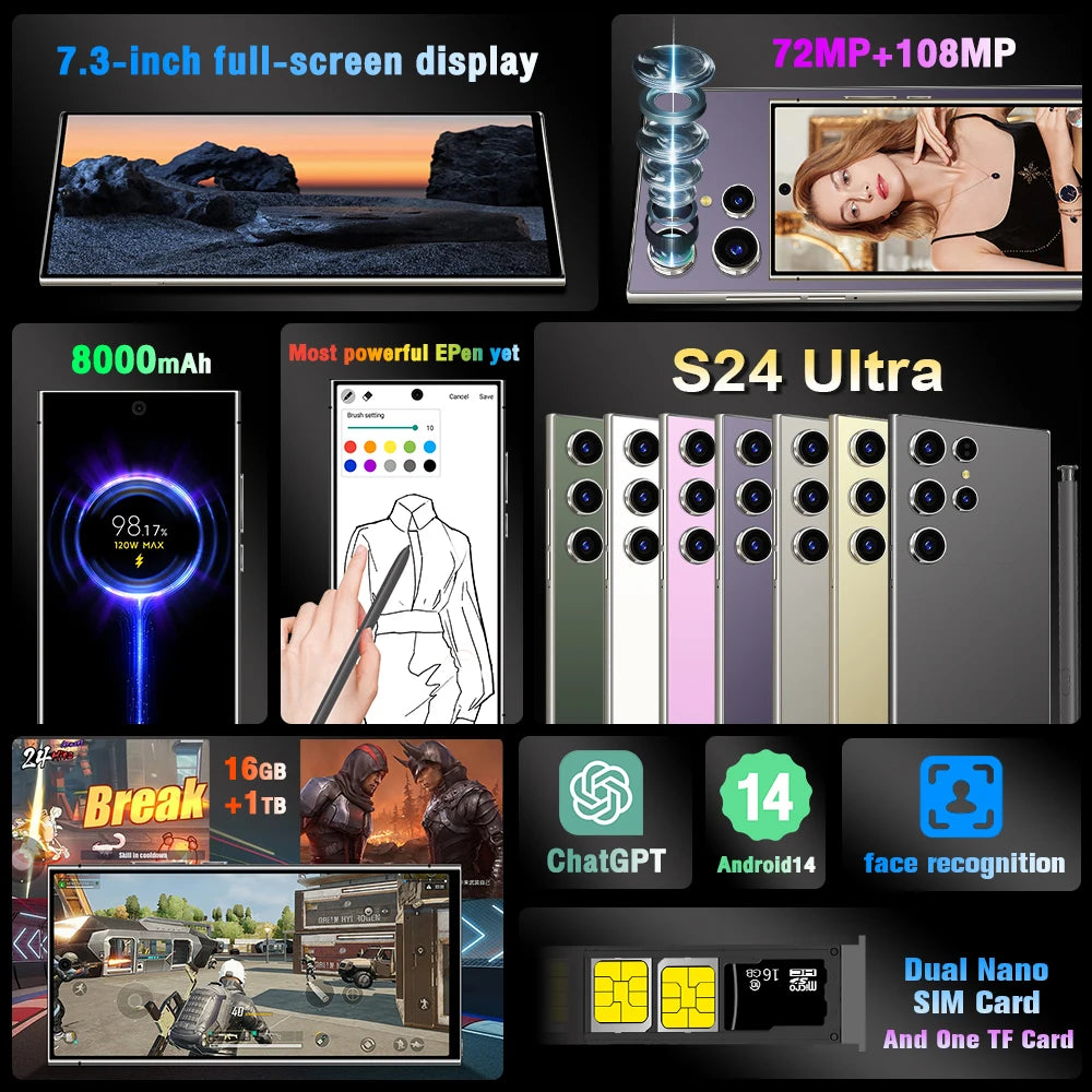 2026 HOT S26 Ultra Smartphone — 7.3" HD Global Edition, Dual SIM, 7800mAh Battery & Facial Recognition Function