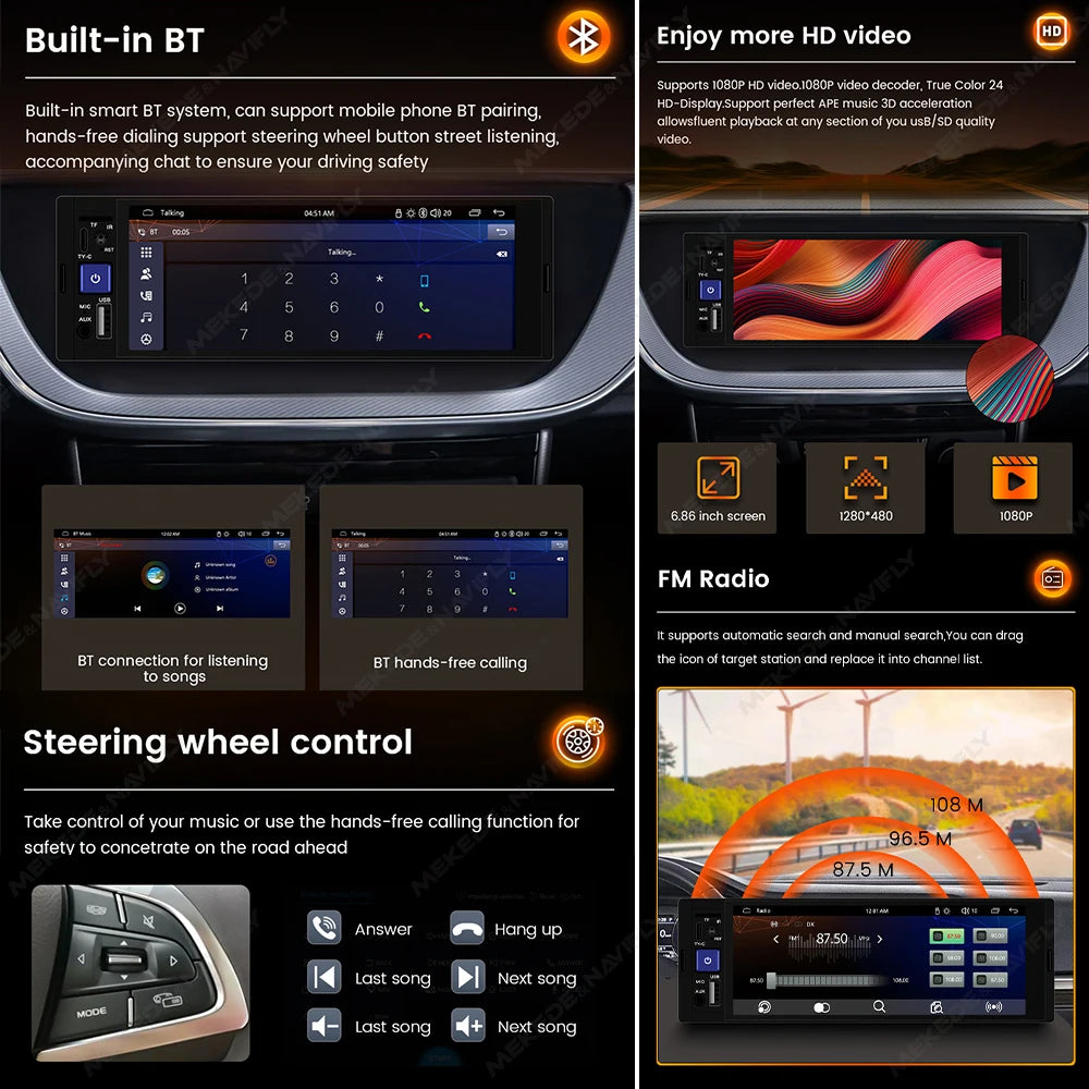 NaviFly 6.86" 1-DIN MP5 Car Stereo — Wireless CarPlay & Android Auto Multimedia Player with BT & FM