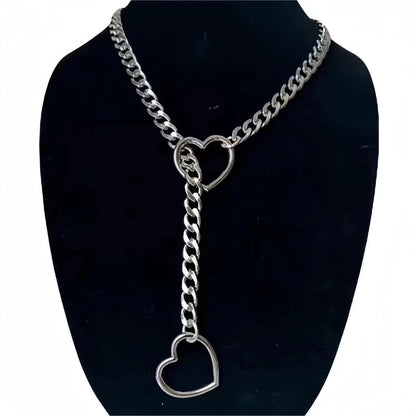 Y2K Silver Star O-Ring Lock Open Heart Lariat Necklace — Punk Rock Cuban Link Chain Pendant for Women