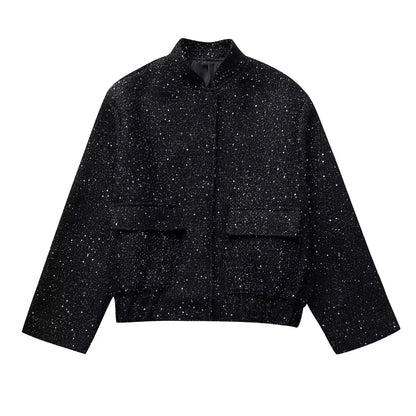 Nlzgmsj Women’s Shiny Sequin Jacket – Y2K Gold Stand Collar Short Coat, Autumn Winter High Streetwear
