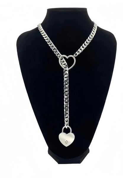 Y2K Silver Star O-Ring Lock Open Heart Lariat Necklace — Punk Rock Cuban Link Chain Pendant for Women