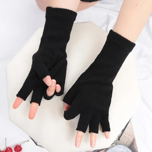Black Knitted Fingerless Gloves - Winter Thermal Warm Mittens for Men and Women, Cozy Driving, Writing, and Riding Work Gloves