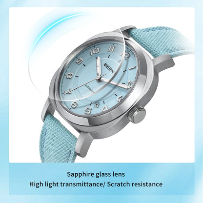 BERNY Women’s Mechanical Watch — Self-Wind Pillow Cushion Design with Sapphire Crystal, Super Luminous Display, Canvas Strap, and Calendar Function