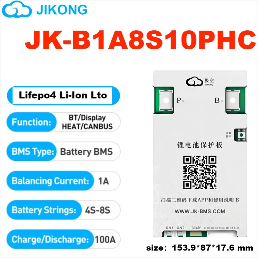 JK BMS 100A 8S 24V Smart Battery Management System - 1A Active Balance LiFePO4 & Li-Ion BMS with RS485, CAN, Bluetooth & App Support