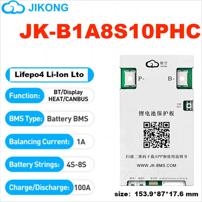 JK BMS 100A 8S 24V Smart Battery Management System - 1A Active Balance LiFePO4 & Li-Ion BMS with RS485, CAN, Bluetooth & App Support