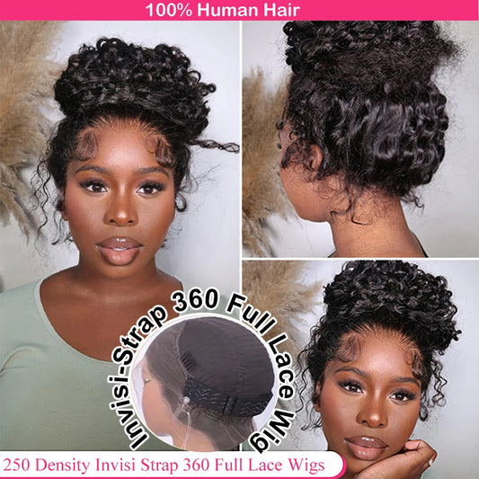 Invisi Strap HD 360 Full Lace Wig – 250 Density Precut Lace Frontal Wig, Drawstring Snug Fit, Pre-Plucked Glueless Human Hair Wig
