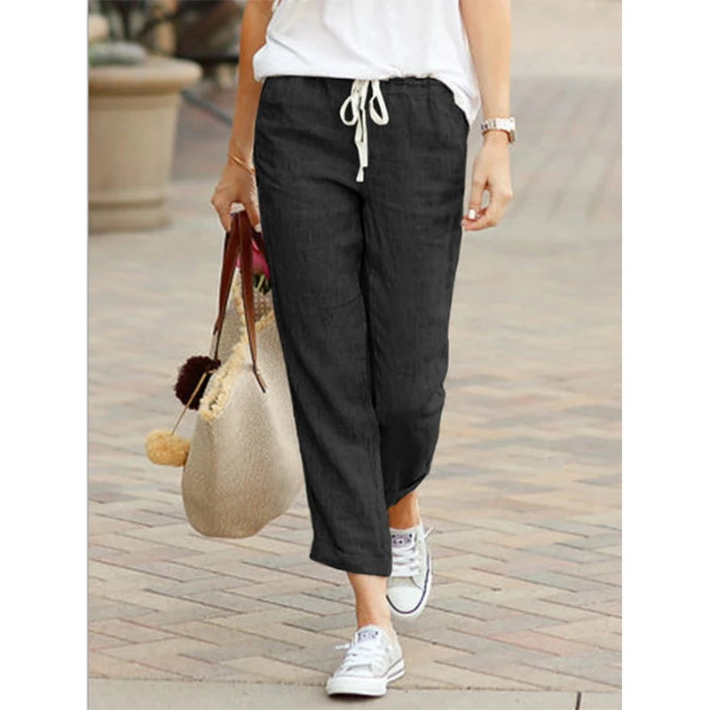 Women's Cotton Drawstring Pants - Y2K Black Elastic Waist Casual Trousers, Loose Fashionable Autumn Bottoms