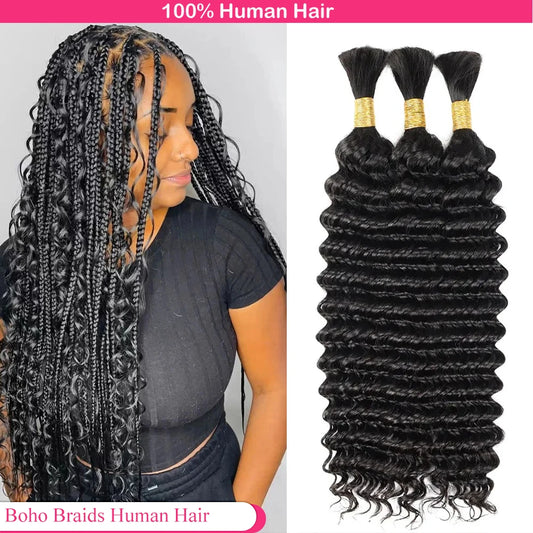 Bulk Braiding Hair - 100% Human Deep Wave Hair, Unprocessed No Weft, Boho Braids, Brazilian Remy Hair Extensions
