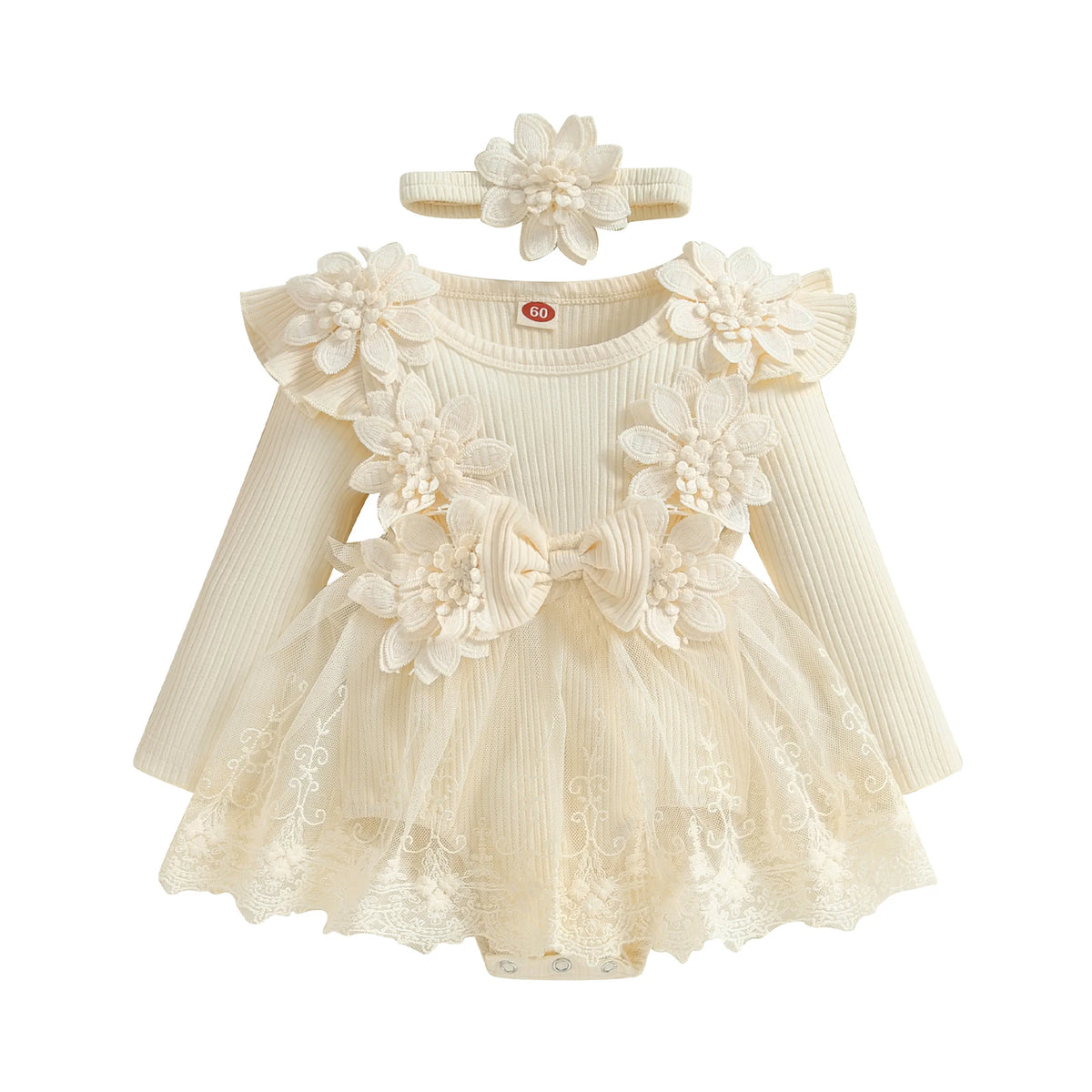 3D Flower Baby Girls’ Romper - Princess Mesh Lace Ruffle Bodysuit Dress with Headband