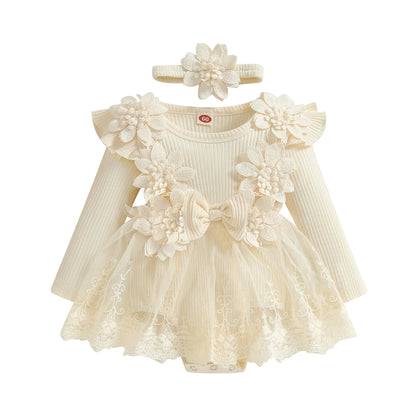 3D Flower Baby Girls’ Romper - Princess Mesh Lace Ruffle Bodysuit Dress with Headband