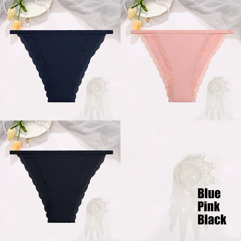 FINETOO 3pcs Women’s Lace Cotton Briefs — Solid, Comfortable, Breathable Soft Underwear & Lingerie