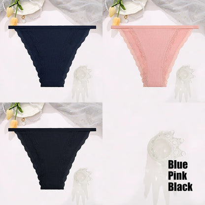 FINETOO 3pcs Women’s Lace Cotton Briefs — Solid, Comfortable, Breathable Soft Underwear & Lingerie