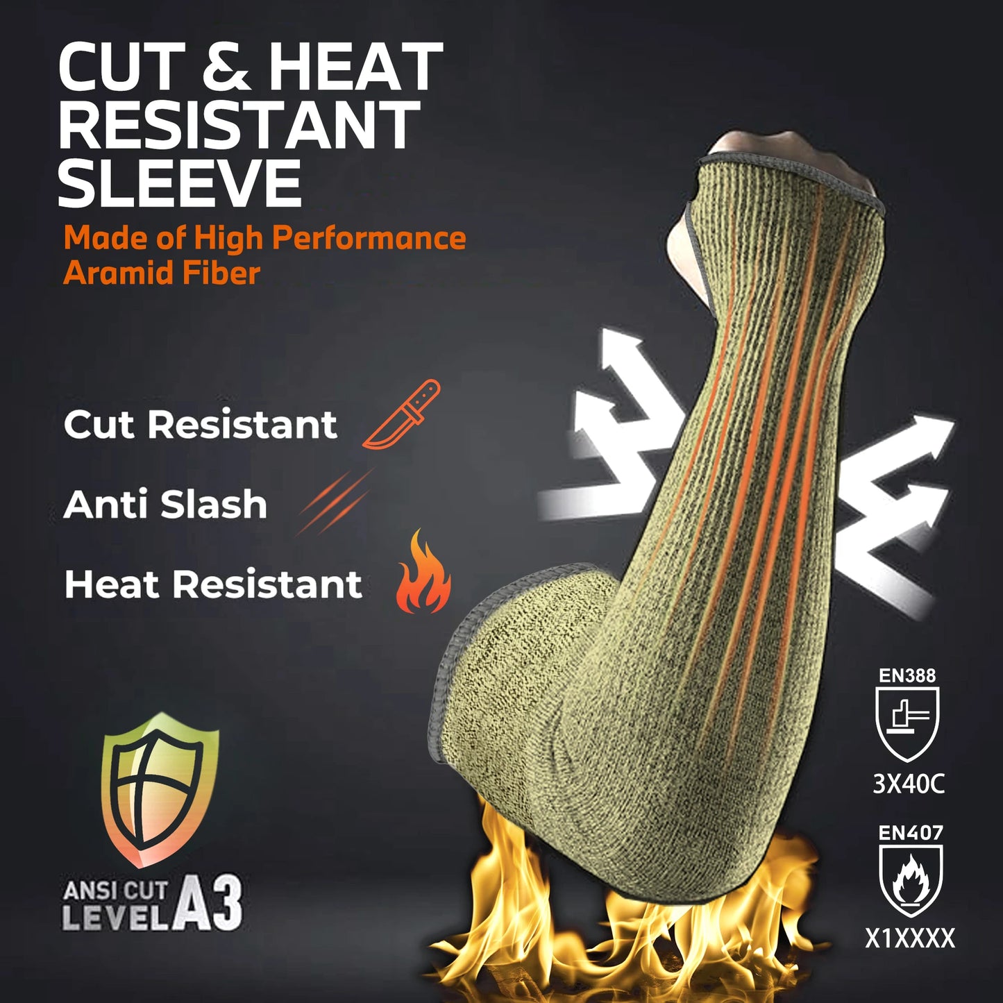 Kevlar Cut Resistant Sleeves - 44cm Aramid Fiber Arm Protection for Welding, Gardening & Heat Resistant Work