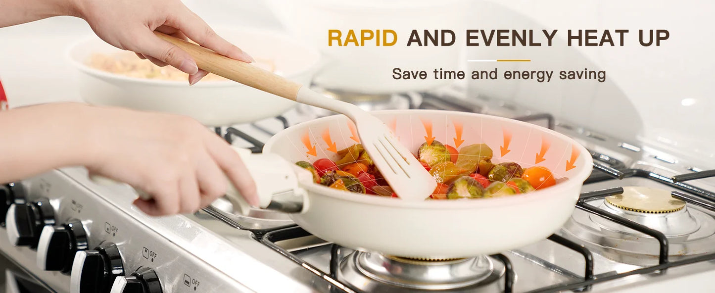 Astercook 21 Piece Ceramic Cookware Set - Non-Stick Pots and Pans with Sensor Handles in Milky White