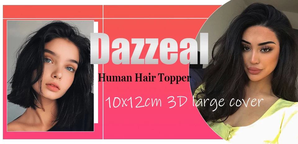 Dazzeal Human Hair Topper – 100% Real Straight Hair, Lace Base, Clip-In with Bangs, 10x12cm, 360° Coverage