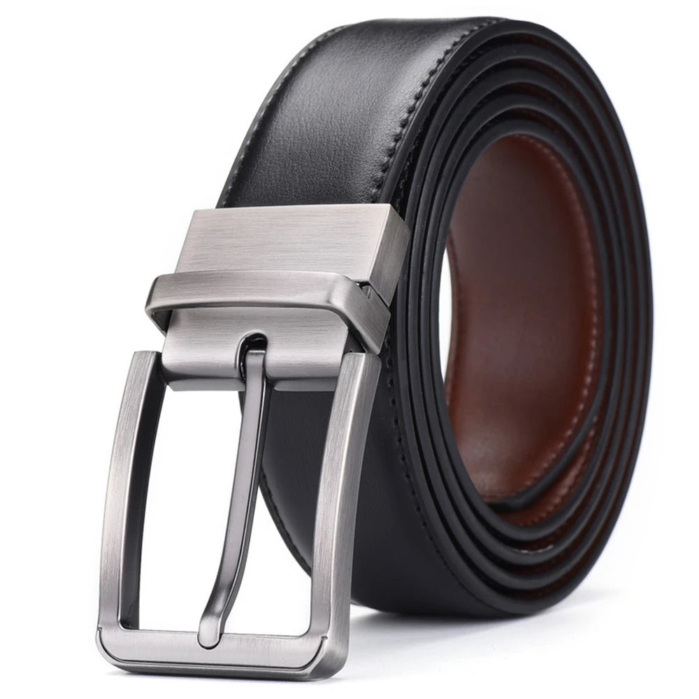 Men’s Genuine Leather Double-Sided Belt – Luxury Retro Pin Buckle with Laser Engraving (High Quality)