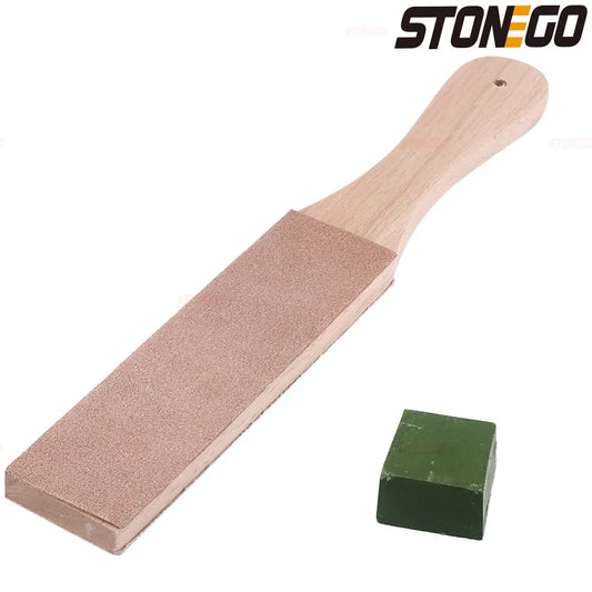STONEGO Handmade Leather Sharpening Strop: Wooden Handle Razor Polishing Board for Double-Sided Razor Knives - Home Sharpening Tool