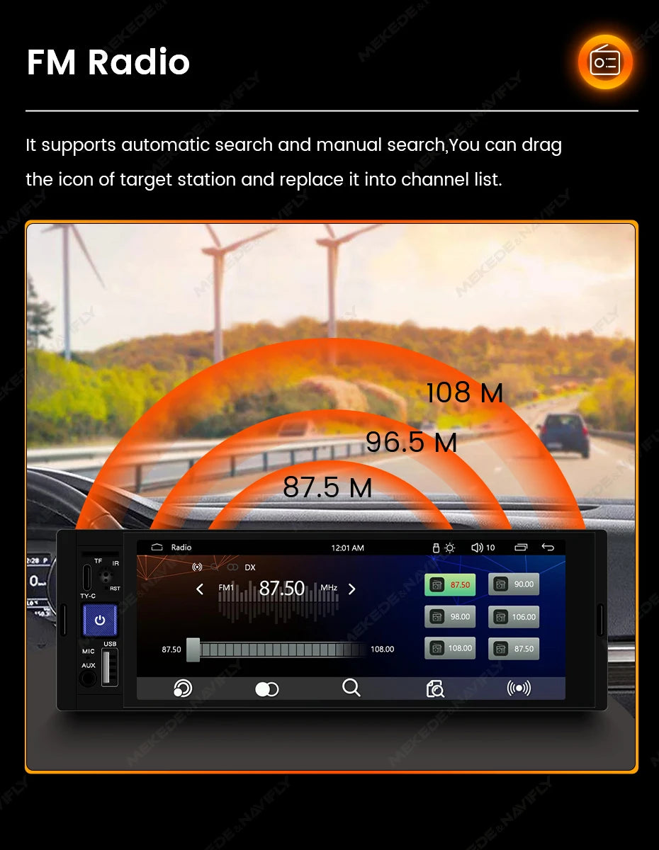 NaviFly 6.86" 1-DIN MP5 Car Stereo — Wireless CarPlay & Android Auto Multimedia Player with BT & FM