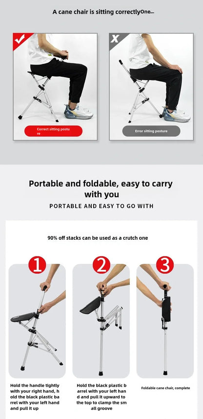 2-in-1 Portable Folding Cane & Chair — Quick-Fold Walking Stick with Built-In Seat and Three Legs
