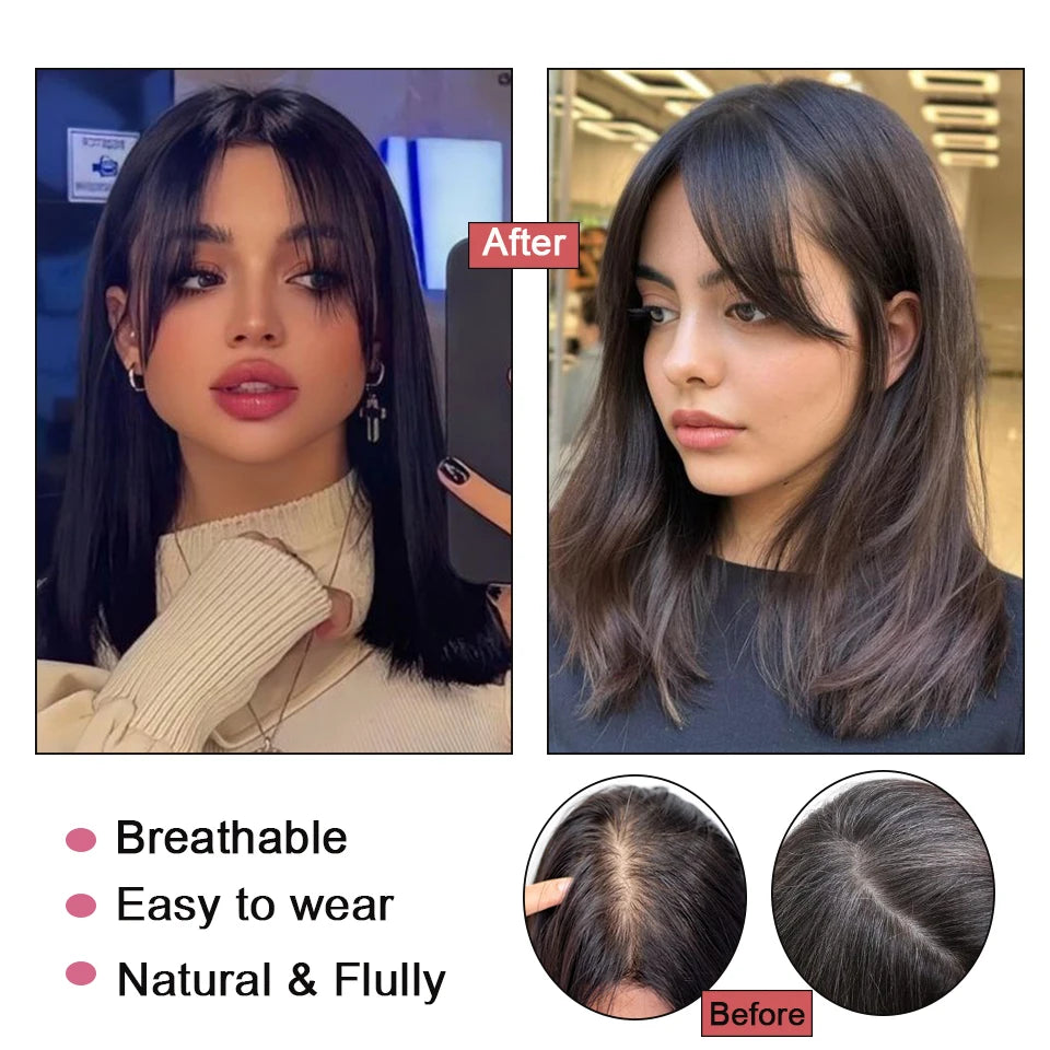 Dazzeal Human Hair Topper – 100% Real Straight Hair, Lace Base, Clip-In with Bangs, 10x12cm, 360° Coverage