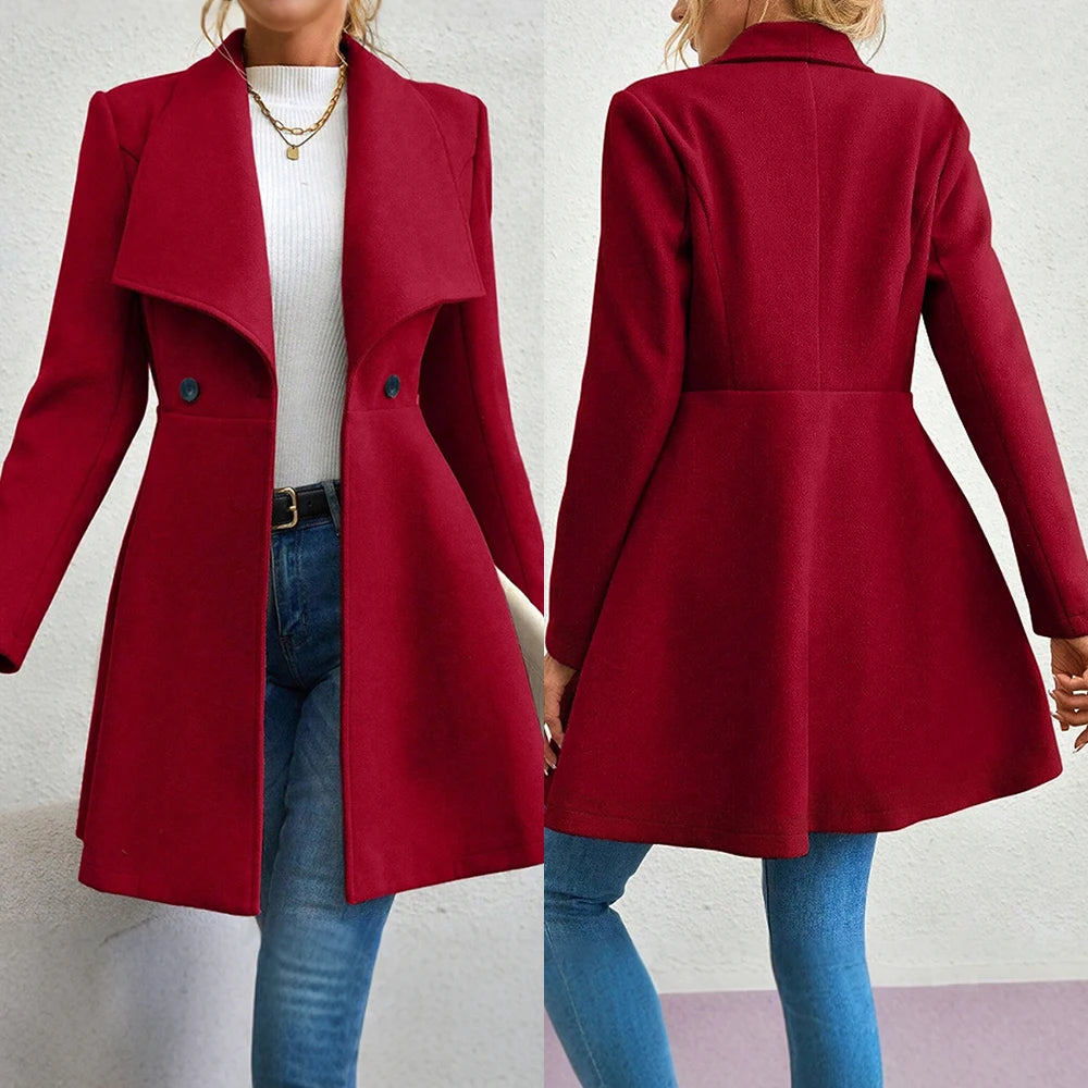 Mia Muse Women's Red Winter Coat – Long Sleeve Lapel Button-Up Work Outerwear for New Year & Valentine's Day Gift