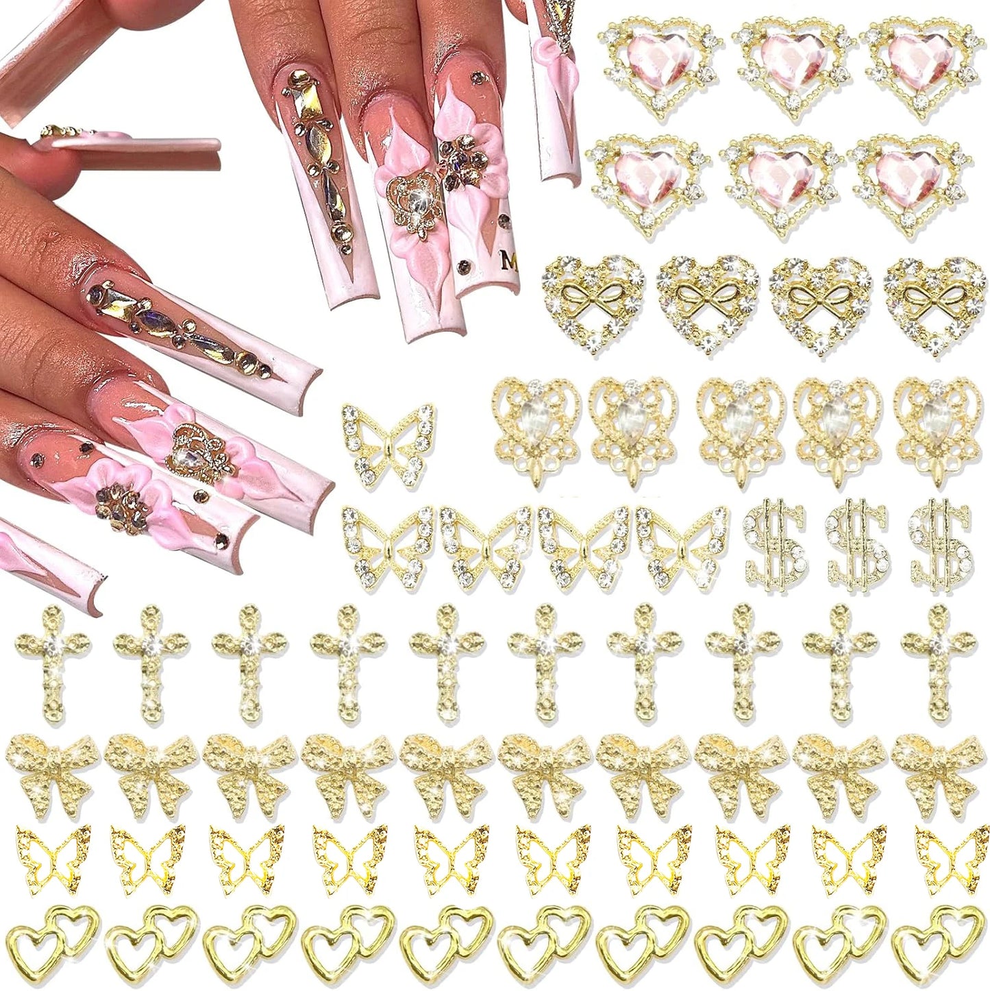 80PCS Gold Nail Charms - 12 Shapes including Heart, Butterfly, Cross, & Shiny Money Sign, 3D Alloy Nail Decorations