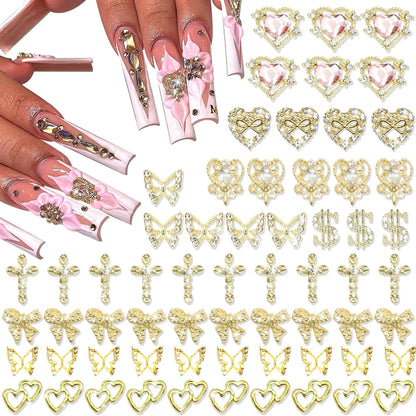 80PCS Gold Nail Charms - 12 Shapes including Heart, Butterfly, Cross, & Shiny Money Sign, 3D Alloy Nail Decorations