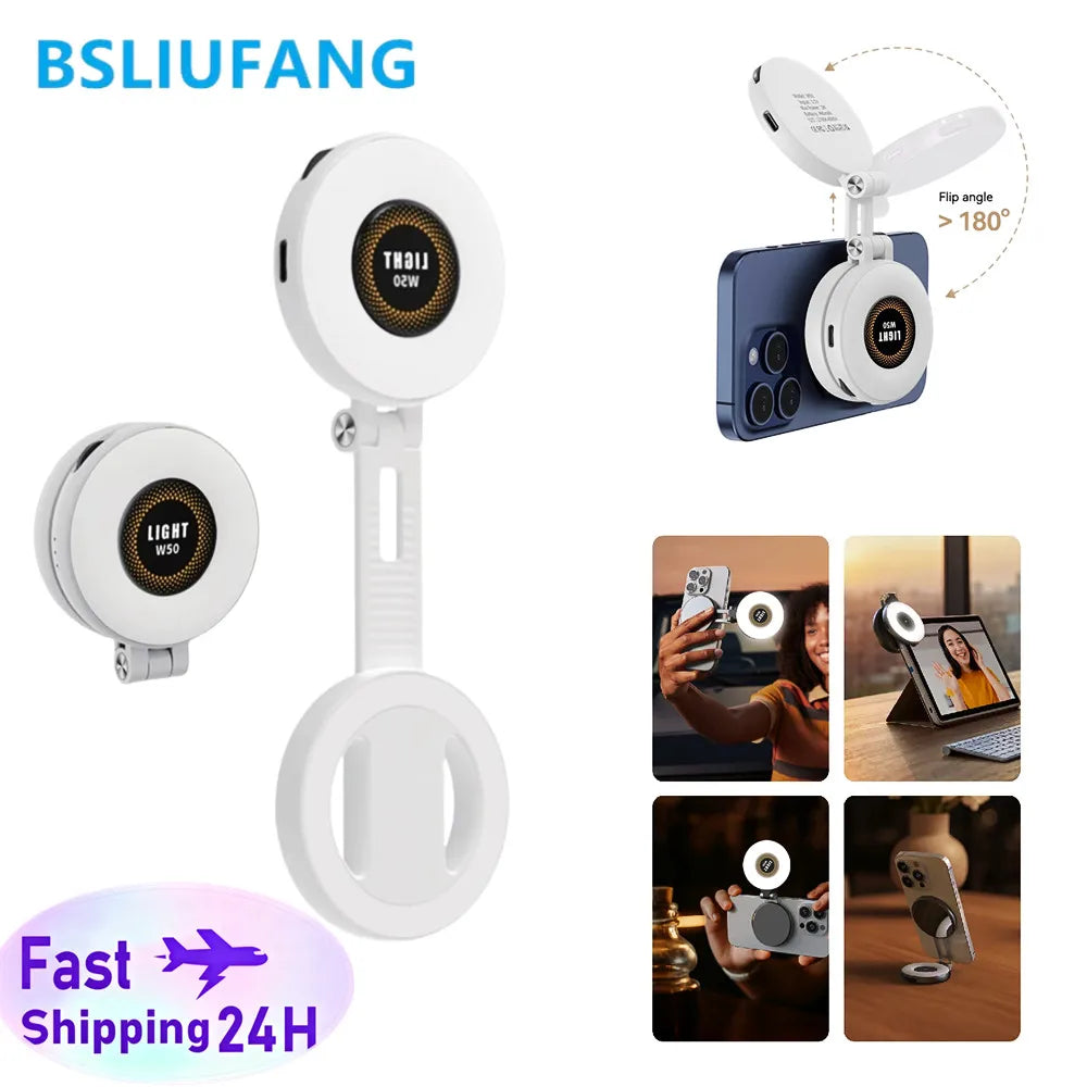 2-in-1 Portable Foldable Magnetic Ring Fill Light Phone Holder - Rechargeable Travel, Selfie & Desktop Stand