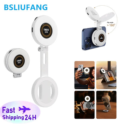 2-in-1 Portable Foldable Magnetic Ring Fill Light Phone Holder - Rechargeable Travel, Selfie & Desktop Stand