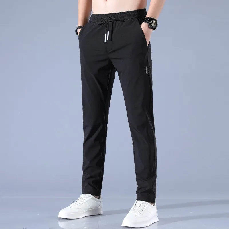 2024 New Ice Silk Men's Pants - Summer Black Gray Thin Business Casual, Elastic Breathable Outdoor Straight Leg Sweatpants