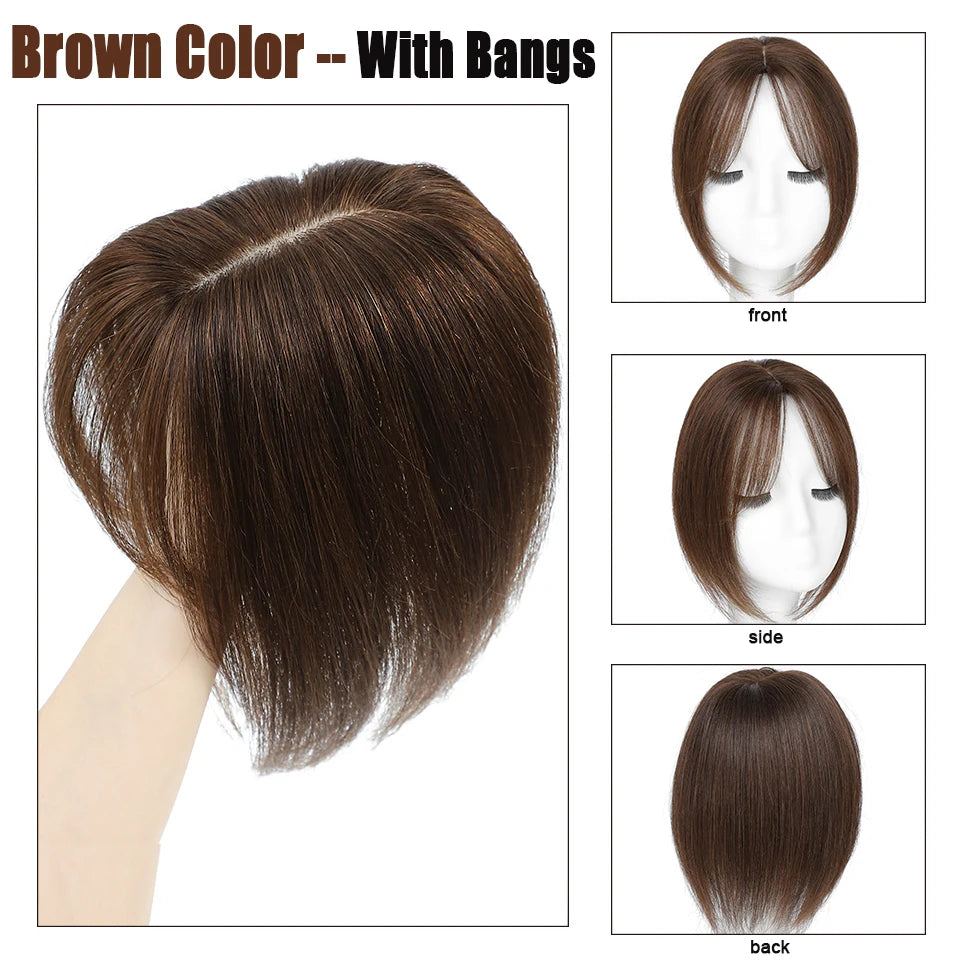 Dazzeal Human Hair Topper – 100% Real Straight Hair, Lace Base, Clip-In with Bangs, 10x12cm, 360° Coverage