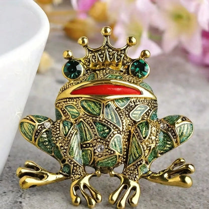 Vintage Black Frog Brooch with Green Eyes - Cute Toad Lapel Pin for Sweaters, Scarves, Coats, and Gifts