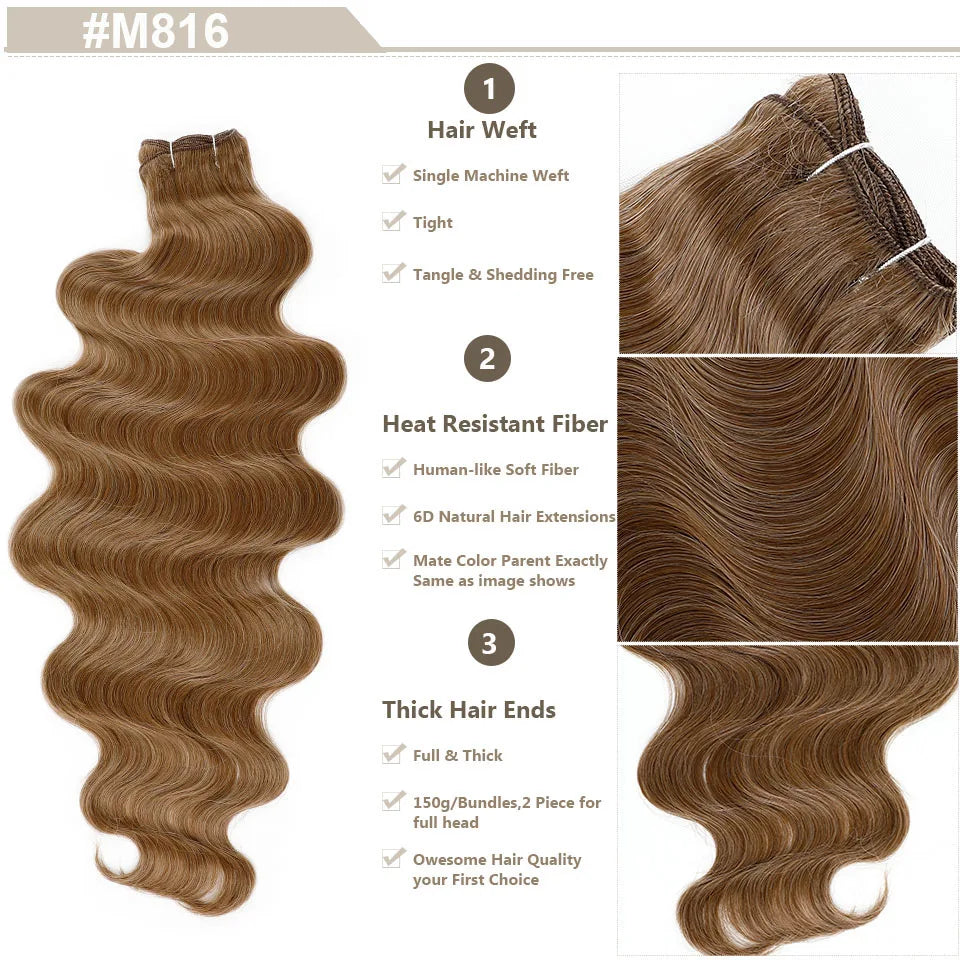 Highlight Gold Bio Body Wave Hair Weave Bundles – 26"/30" Synthetic High Temperature Soft, Natural Human-Like Fiber Hair Extensions