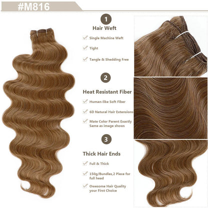 Highlight Gold Bio Body Wave Hair Weave Bundles – 26"/30" Synthetic High Temperature Soft, Natural Human-Like Fiber Hair Extensions