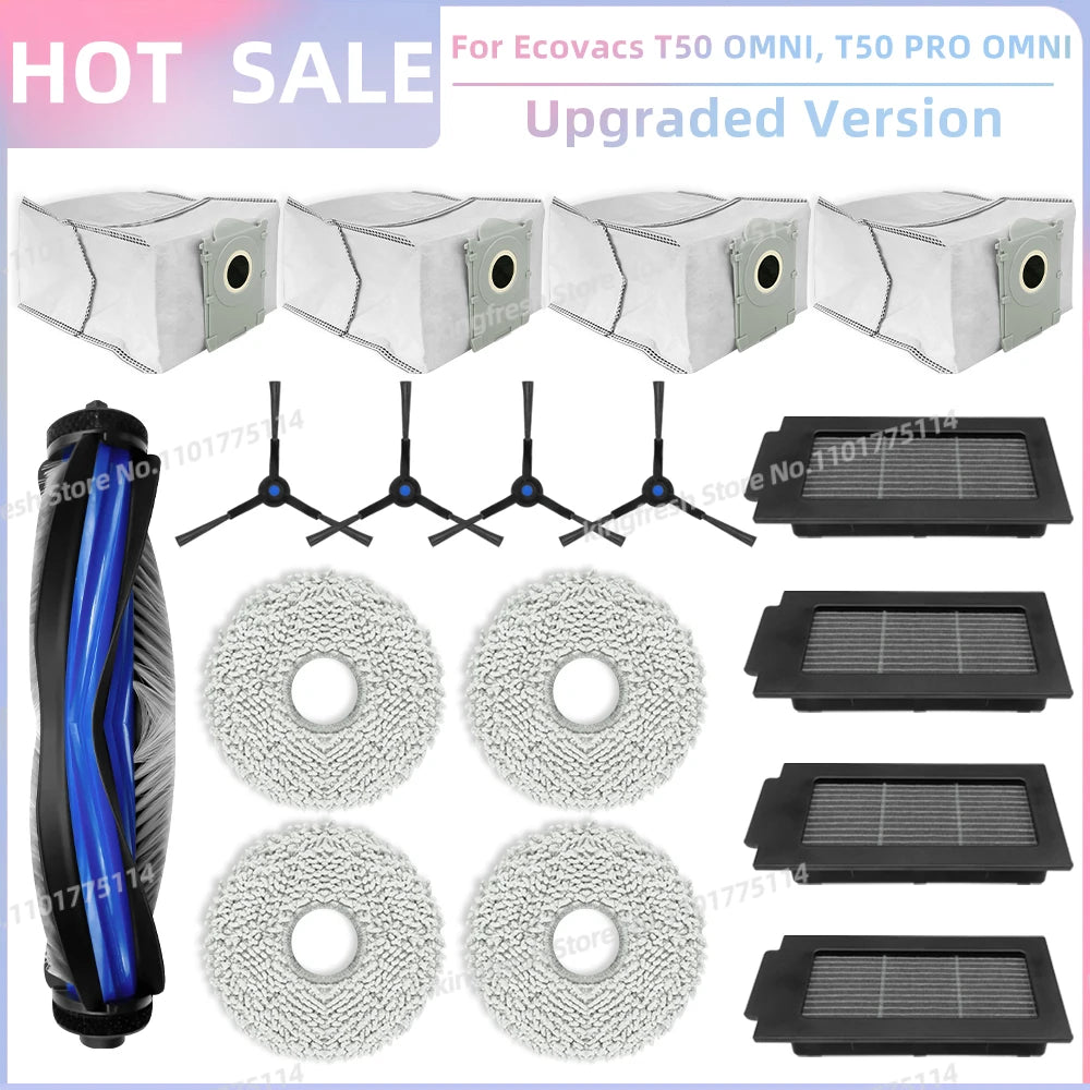 ECOVACS T50 PRO/OMNI Vacuum Replacement Parts – Main Roller, Side Brush, HEPA Filter, Mop Cloth & Dust Bag