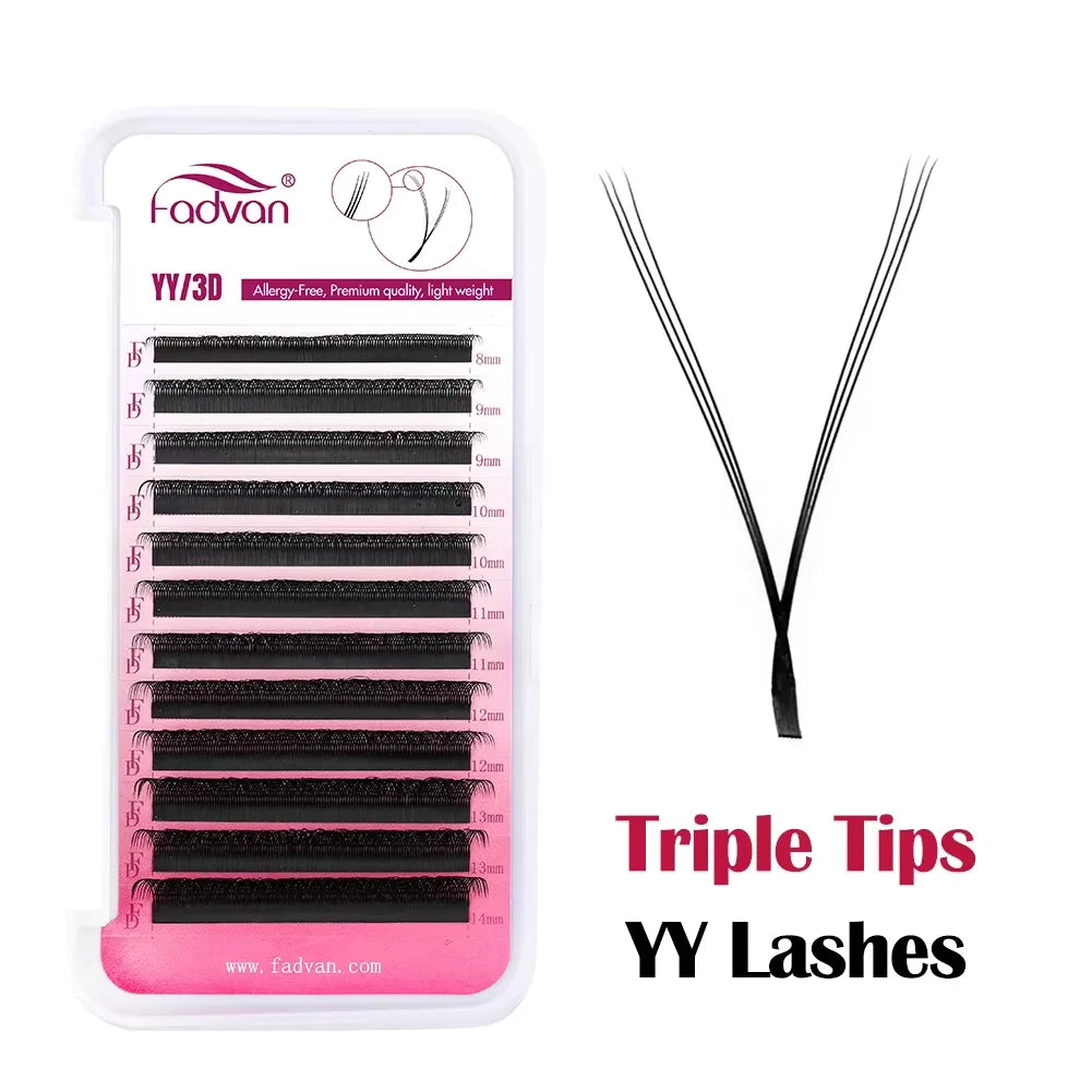 FADVAN YY Shape Eyelash Extensions – 2D/3D Faux Mink Premade Fan Lashes 8-15mm, Black & Brown, L+/L/LU(M)/C/D/DD Split Tip