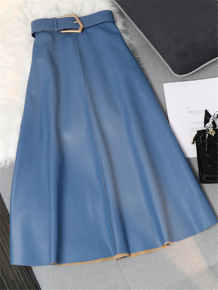 High Waist Faux Leather Long Skirt for Women – REALEFT Belted PU Leather Umbrella Skirt Autumn Winter Fashion