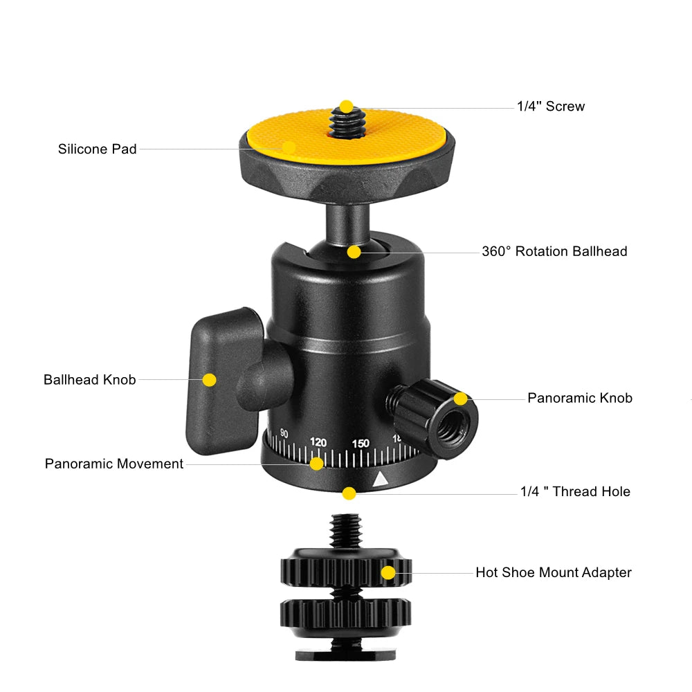 Mini Ball Head Panoramic Tripod – 1/4'' Hot Shoe Mount for DSLR Camera, Camcorder, Monitor, Smartphone, Light, Microphone, Slider