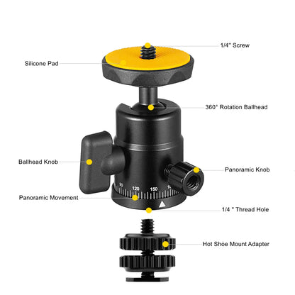 Mini Ball Head Panoramic Tripod – 1/4'' Hot Shoe Mount for DSLR Camera, Camcorder, Monitor, Smartphone, Light, Microphone, Slider