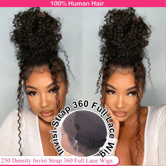 Invisi Strap 360 Lace Frontal Wig – Pre-Plucked Deep Curly Glueless Human Hair Wig, Pre-Cut Full Lace Wig
