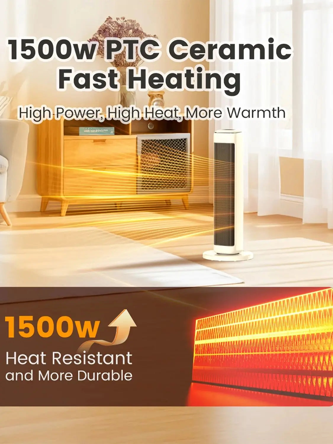 AIRMATE 25-Inch Ceramic Tower Space Heater - Electric Indoor Heater with Adjustable Thermostat for Large Rooms