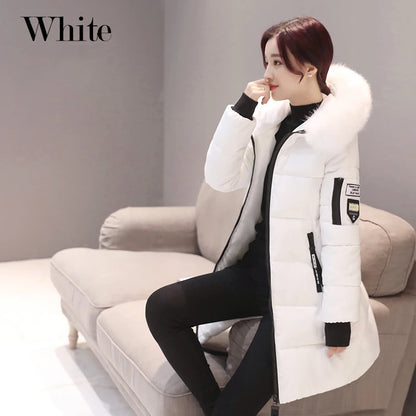 Women's Winter Parka – Fur Collar Hooded Long Jacket, Slim Fit, Warm & Thick with Letter Patch & Zipper Pockets