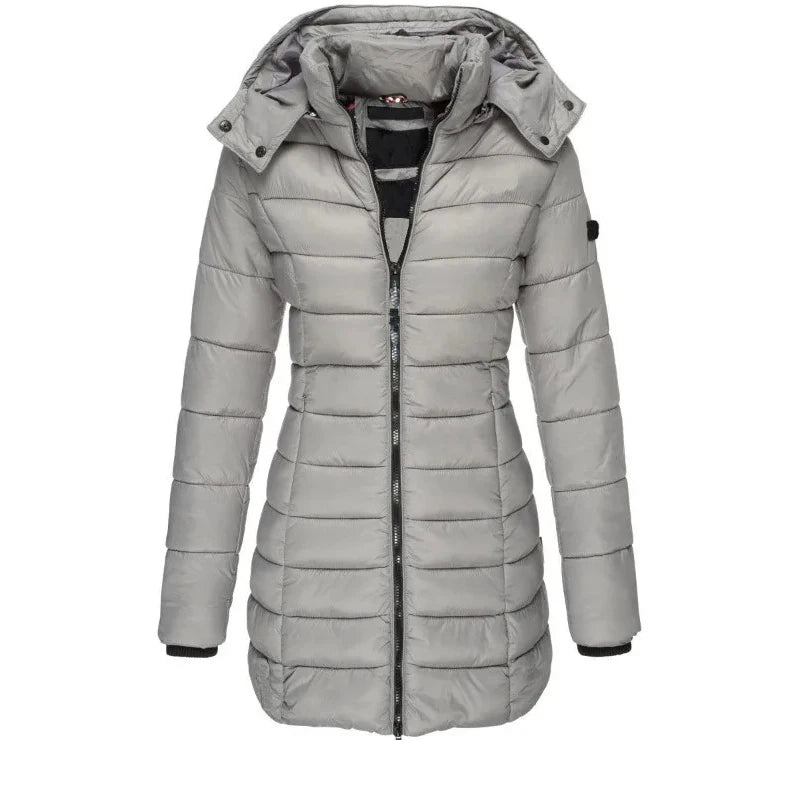 Women’s Winter Padded Parka – Thick Warm Mid-Length Slim Hooded Coat with Zipper