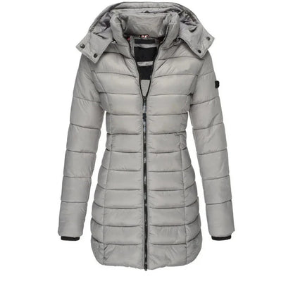 Women’s Winter Padded Parka – Thick Warm Mid-Length Slim Hooded Coat with Zipper