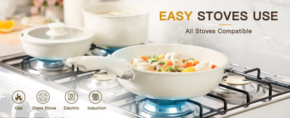 Astercook 21 Piece Ceramic Cookware Set - Non-Stick Pots and Pans with Sensor Handles in Milky White
